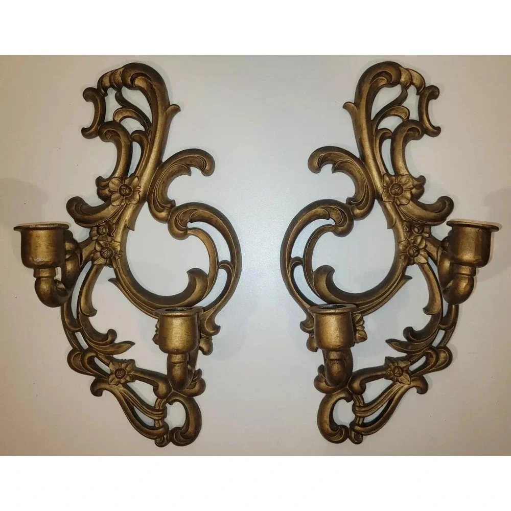 Sexton Vintage Candelabras Sconces Scrolled Cast Metal Antique Bronze Finish